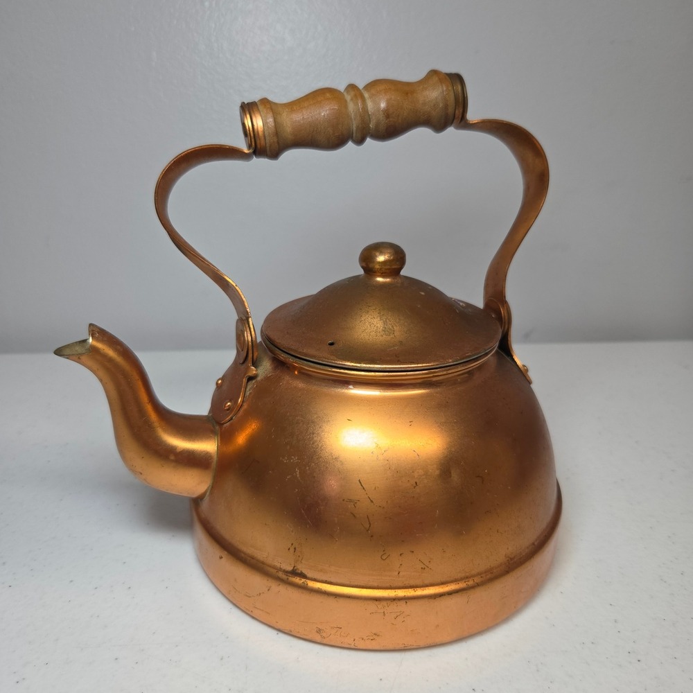 Portugal‎ Copper Teapot Vintage Tea Kettle with Wooden Handle Retro Rustic